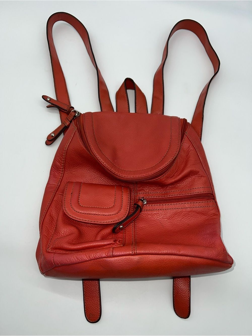 Tignanello Orange/Melon Leather Multi-Pockets Inside and Out Backpack-Adj Straps